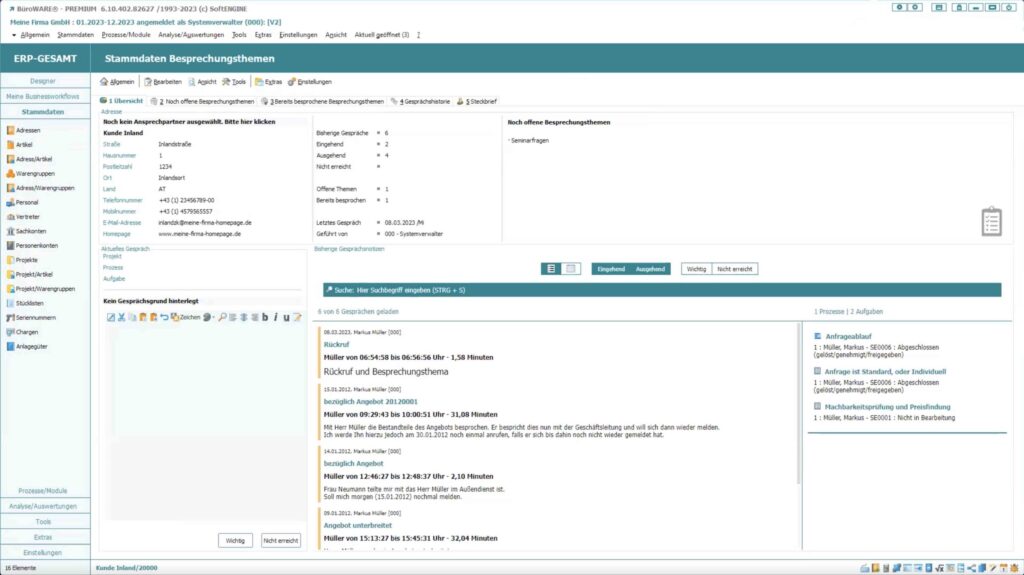 Screen aus der SoftENGINE ERP-SUITE zum Thema CRM-Gesprächserfassung