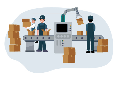 Arbeiter verpacken Ware an einem Fließband