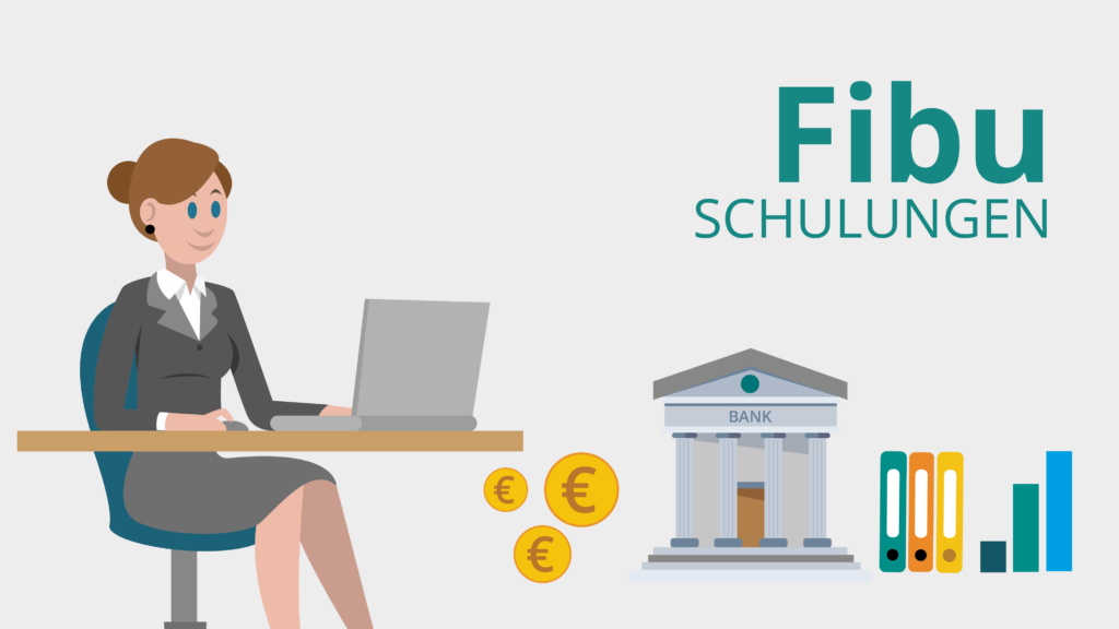 FiBu Schulungen - Illustration einer Frau die am PC die Finanzbuchhaltung erledigt