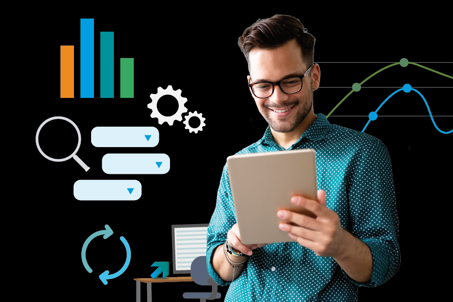 Mann mit Tablet Managementfunktionen und Infopool Symbolen