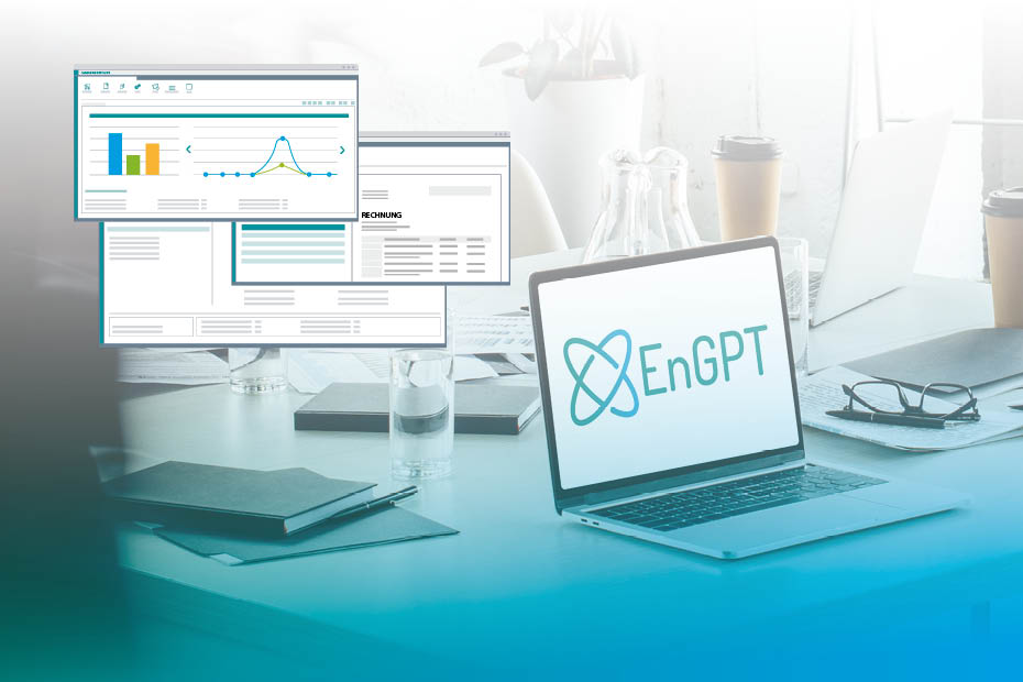 Laptop auf dem das EnGPT Logo zu sehen ist. Verschiedene grafiken zeigen, was mit der KI möglich ist