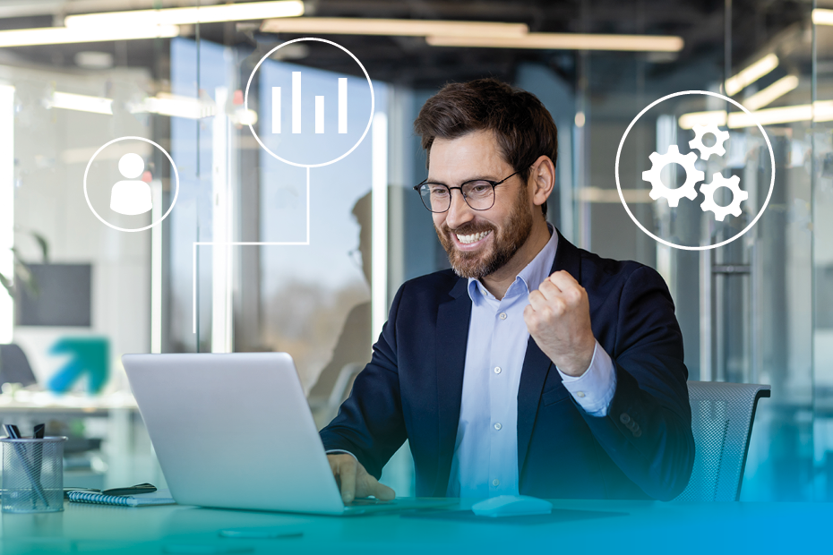 Mann Sitzt an Laptop und um ihn schweben Grafiken passend zu PAN BPM